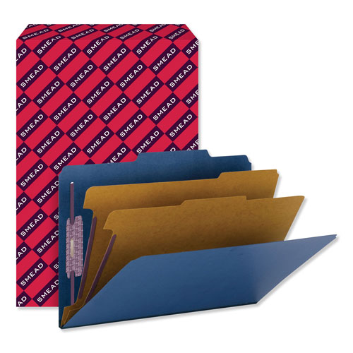 Smead Six-Section Pressboard Top Tab Classification Folders with SafeSHIELD Fasteners, 2 Dividers, Legal Size, Dark Blue, 10/Box