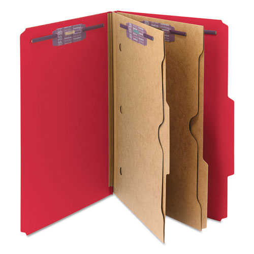 Smead 6-Section Pressboard Top Tab Pocket-Style Classification Folders with SafeSHIELD Fasteners, 2 Dividers, Legal, Red, 10/BX
