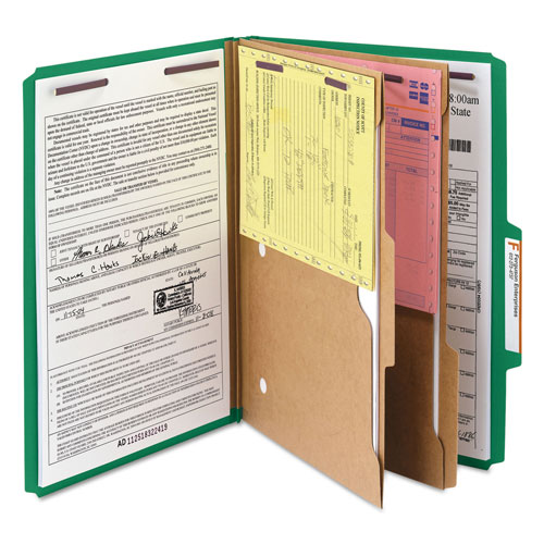 Smead 6-Section Pressboard Top Tab Pocket-Style Classification Folders with SafeSHIELD Fasteners, 2 Dividers, Legal, Green, 10/BX