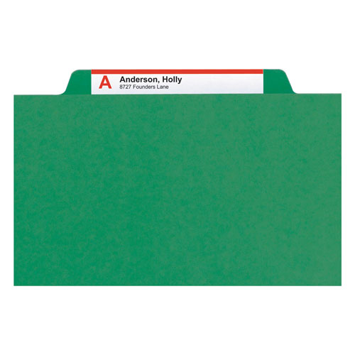Smead 6-Section Pressboard Top Tab Pocket-Style Classification Folders with SafeSHIELD Fasteners, 2 Dividers, Legal, Green, 10/BX