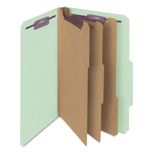 Smead Pressboard Classification Folders with SafeSHIELD Coated Fasteners, 2/5 Cut, 3 Dividers, Legal Size, Gray-Green, 10/Box