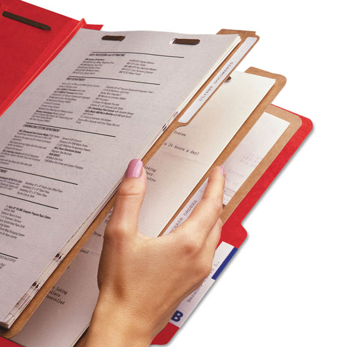 Smead Eight-Section Pressboard Top Tab Classification Folders with SafeSHIELD Fasteners, 3 Dividers, Legal Size, Bright Red, 10/Box