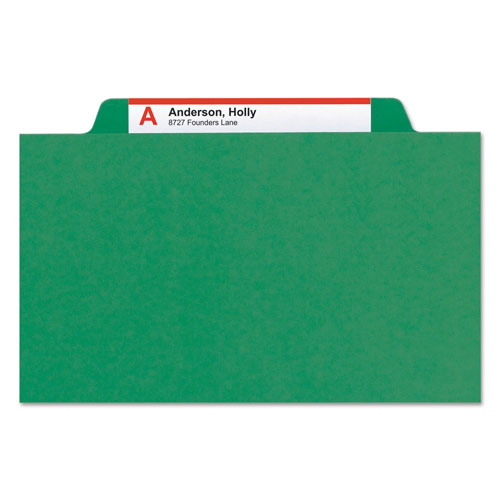 Smead Eight-Section Pressboard Top Tab Classification Folders with SafeSHIELD Fasteners, 3 Dividers, Legal Size, Green, 10/Box
