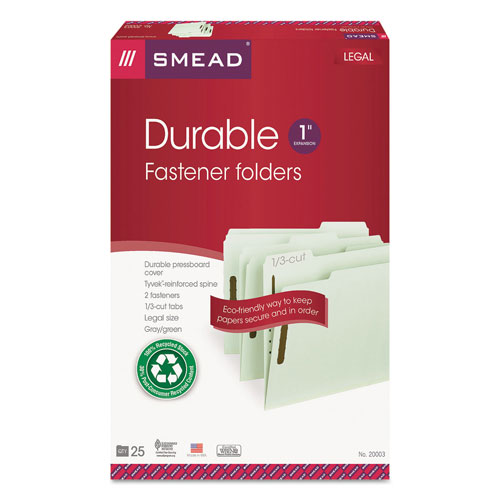 Smead 100% Recycled Pressboard Fastener Folders, Legal Size, Gray-Green, 25/Box