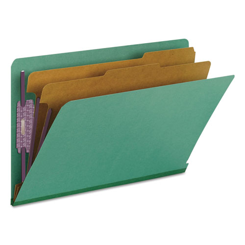 Smead End Tab Colored Pressboard Classification Folders with SafeSHIELD Coated Fasteners, 2 Dividers, Legal Size, Green, 10/Box