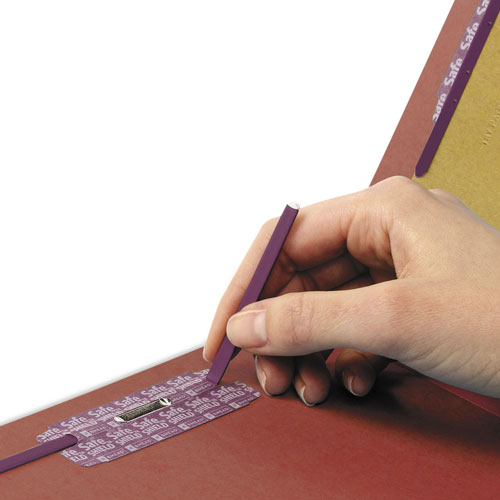 Smead End Tab Pressboard Classification Folders with SafeSHIELD Coated Fasteners, 2 Dividers, Legal Size, Red, 10/Box