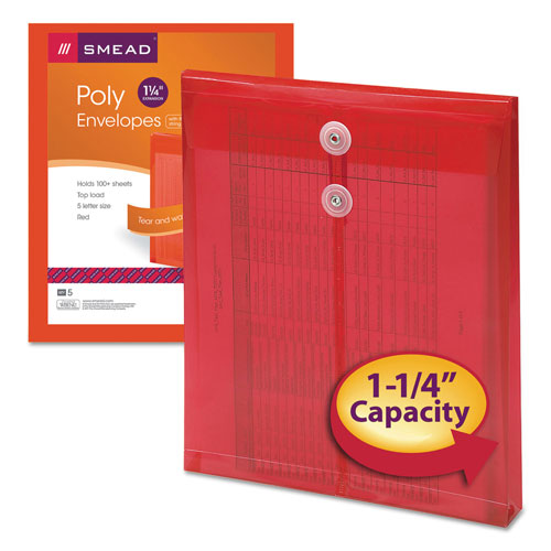 Smead Poly String and Button Interoffice Envelopes, String and Button Closure, 9.75 x 11.63, Transparent Red, 5/Pack