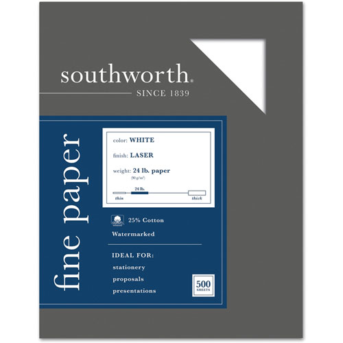 Southworth 25% Cotton Laser Paper, 95 Bright, 24 lb, 8.5 x 11, White, 500/Ream