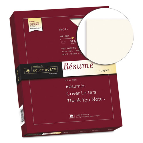 Southworth 100% Cotton Resume Paper, 32 lb, 8.5 x 11, Ivory, 100/Pack