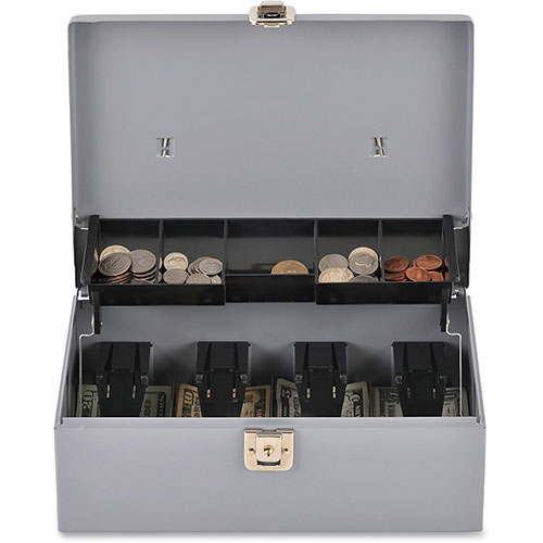 Sparco Cash Box, 5 Compartments, 11-3/8"x7-1/2"x3-3/8", Gray