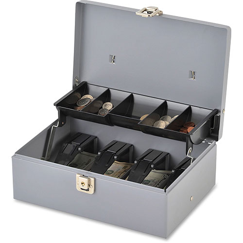 Sparco Cash Box, 5 Compartments, 11-3/8"x7-1/2"x3-3/8", Gray