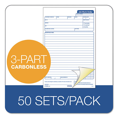 TOPS Snap-Off Job Work Order Form, Three-Part Carbonless, 5.66 x 8.63, 1/Page, 50 Forms