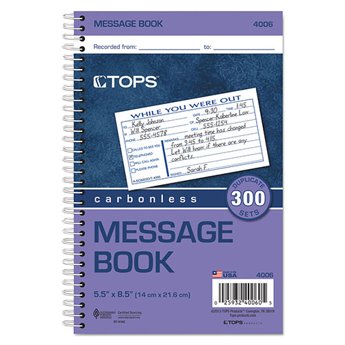 TOPS Spiralbound Message Book, Two-Part Carbonless, 2.83 x 5, 3/Page, 300 Forms