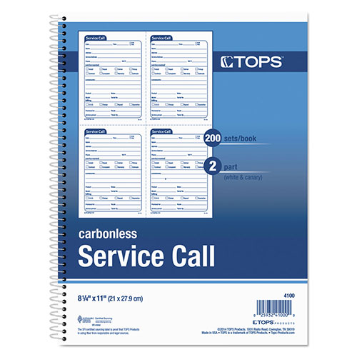 TOPS Service Call Book, Two-Part Carbonless, 4 x 5.5, 4/Page, 200 Forms