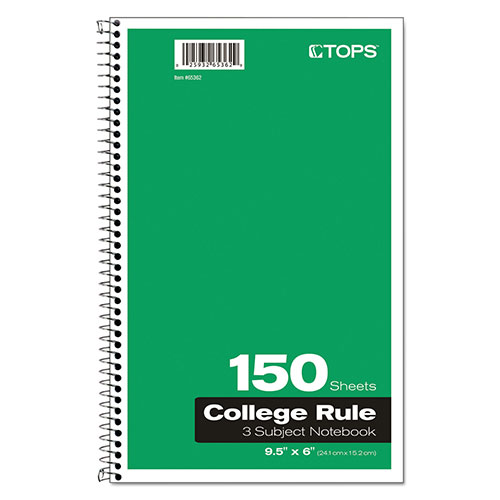 TOPS Coil-Lock Wirebound Notebooks, 3 Subject, Medium/College Rule, Randomly Assorted Covers, 9.5 x 6, 150 Sheets