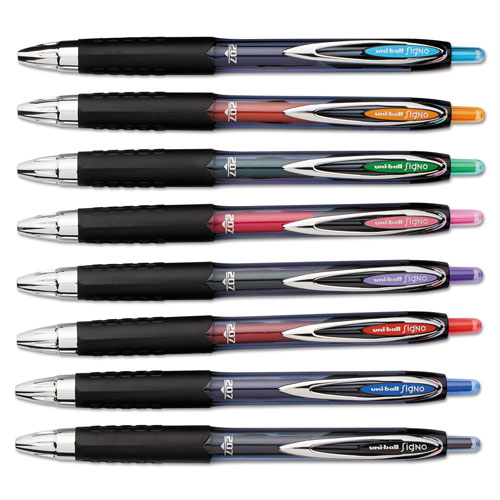 Uni-Ball Signo 207 Retractable Gel Pen, Medium 0.7mm, Assorted Ink, Black Barrel, 8/Set