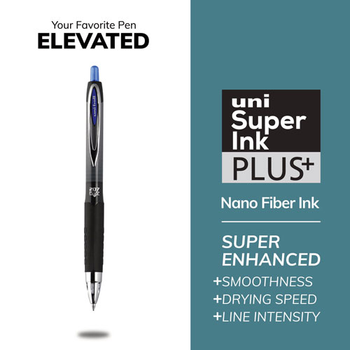 Uni-Ball 207 Plus+ Gel Pen, Retractable, Medium 0.7 mm, Blue Ink, Black Barrel, Dozen