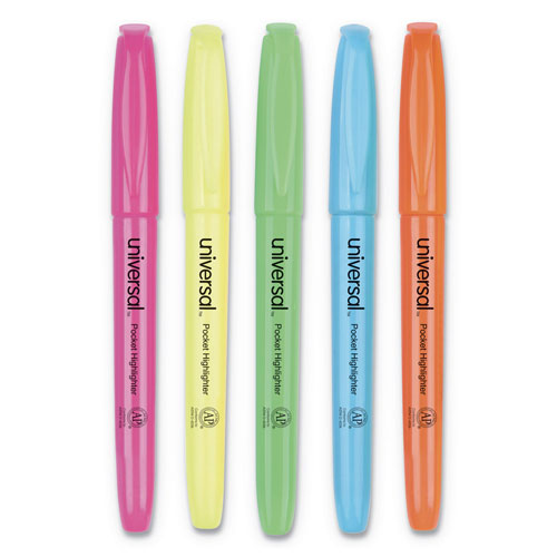 Universal Pocket Highlighters, Assorted Ink Colors, Chisel Tip, Assorted Barrel Colors, 5/Set