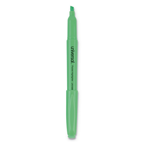 Universal Pocket Highlighters, Fluorescent Green Ink, Chisel Tip, Green Barrel, Dozen