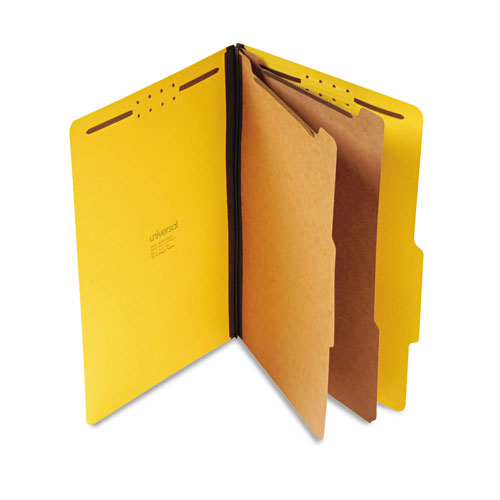 Universal Bright Colored Pressboard Classification Folders, 2 Dividers, Legal Size, Yellow, 10/Box