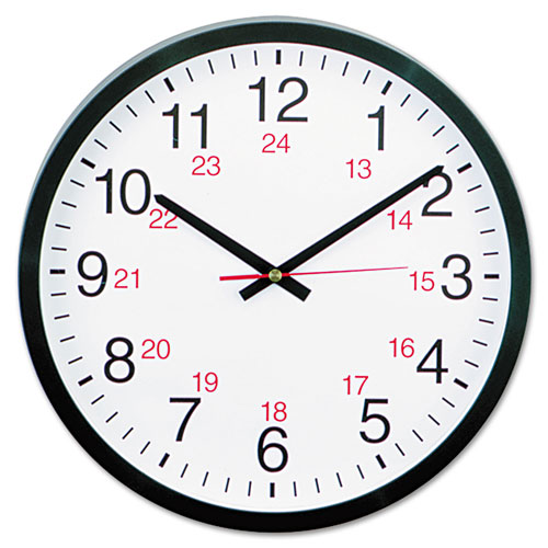 Universal 24-Hour Round Wall Clock, 12.63" Overall Diameter, Black Case, 1 AA (sold separately)