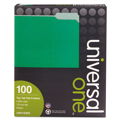Universal Deluxe Colored Top Tab File Folders, 1/3-Cut Tabs: Assorted, Letter Size, Green/Light Green, 100/Box