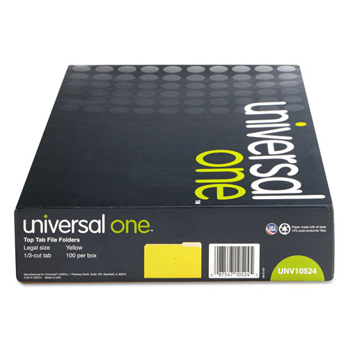 Universal Deluxe Colored Top Tab File Folders, 1/3-Cut Tabs: Assorted, Legal Size, Yellow/Light Yellow, 100/Box
