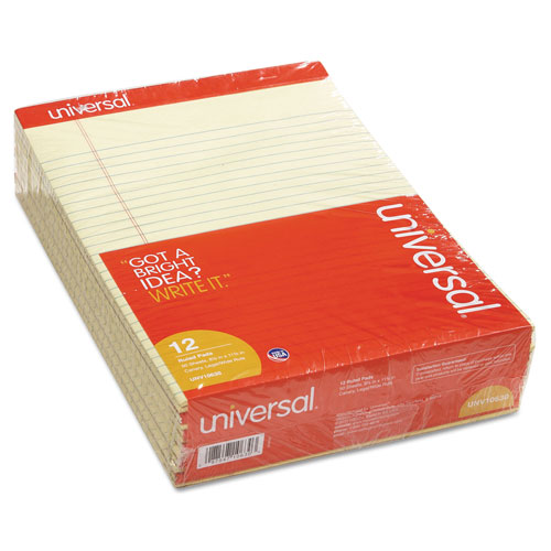 Universal Perforated Ruled Writing Pads, Wide/Legal Rule, Red Headband, 50 Canary-Yellow 8.5 x 11.75 Sheets, Dozen