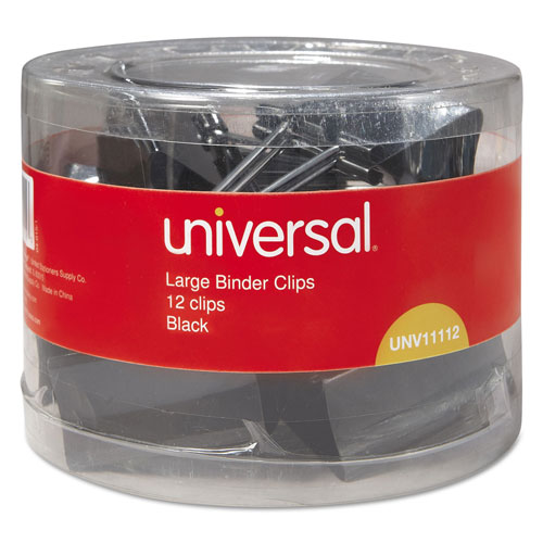 Universal Binder Clips with Storage Tub, Large, Black/Silver, 12/Pack
