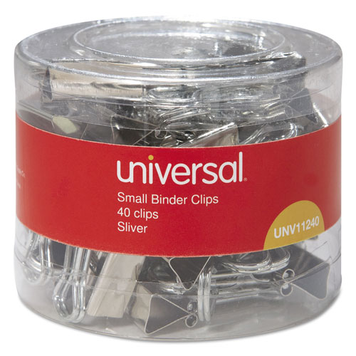 Universal Binder Clips with Storage Tub, Small, Silver, 40/Pack