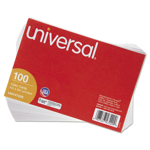 Universal Unruled Index Cards, 4 x 6, White, 100/Pack