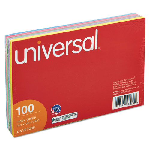 Universal Index Cards, Ruled, 4 x 6, Assorted, 100/Pack