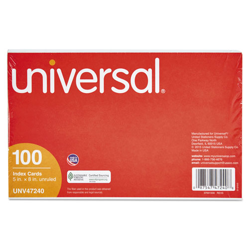 Universal Unruled Index Cards, 5 x 8, White, 100/Pack