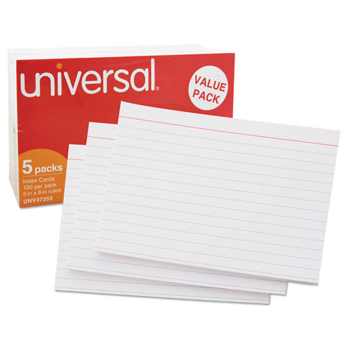 Universal Ruled Index Cards, 5 x 8, White, 500/Pack