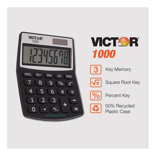 Victor 1000 Minidesk Calculator, Solar/Battery, 8-Digit LCD
