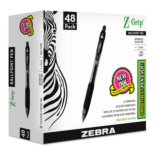Zebra Pen Z-Grip Retractable Ballpoint Pen, Medium 1mm, Black Ink/Barrel, 48/Pack