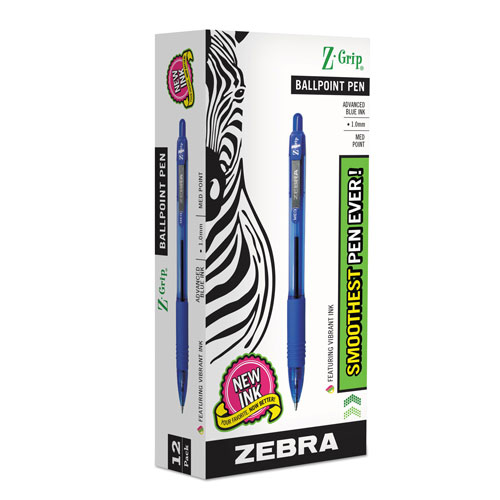 Zebra Pen Z-Grip Retractable Ballpoint Pen, Medium 1mm, Blue Ink, Clear Barrel, Dozen