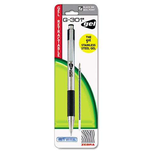 Zebra Pen G-301 Retractable Gel Pen, Medium 0.7 mm, Black Ink, Stainless Steel/Black Barrel