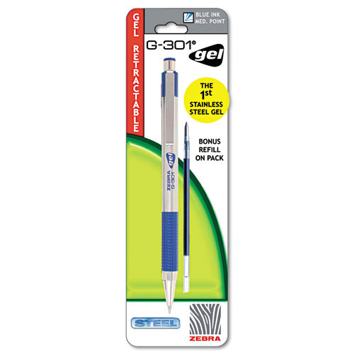 Zebra Pen G-301 Retractable Gel Pen, Medium 0.7 mm, Blue Ink, Stainless Steel/Blue Barrel