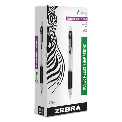 Zebra Pen Z-Grip Mechanical Pencil, 0.5 mm, HB (#2.5), Black Lead, Clear/Black Grip Barrel, Dozen