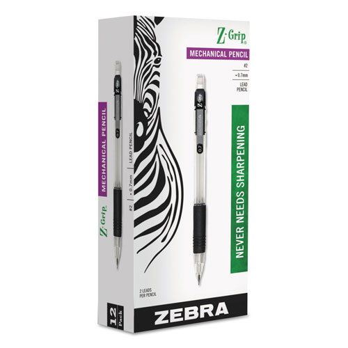 Zebra Pen Z-Grip Mechanical Pencil, 0.7 mm, HB (#2.5), Black Lead, Clear/Black Grip Barrel, Dozen