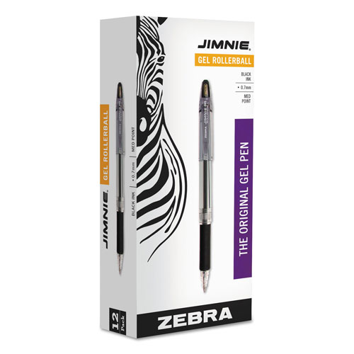 Zebra Pen Jimnie Roller Ball Stick Gel Pen, Black Ink, Medium, Dozen