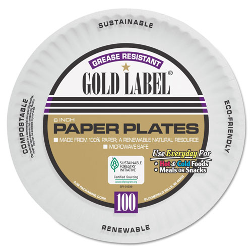 AJM Packaging Coated Paper Plates, 6 Inches, White, Round, 100/Pack