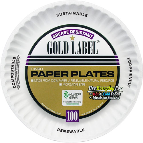 AJM Packaging Gold Label Paper Plates, 9", 100/PK, White