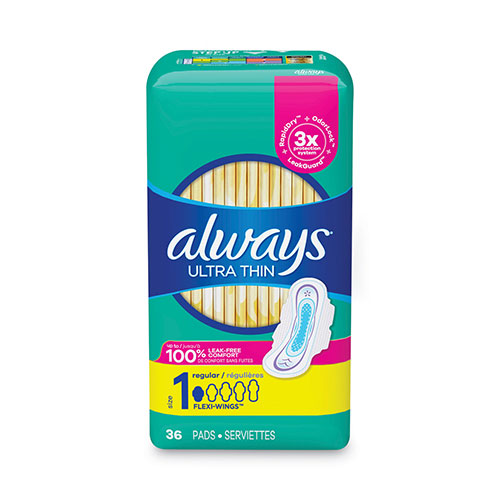 Always® Ultra Thin Pads with Wings, Regular, Unscented, Size 1, 36 Per Box