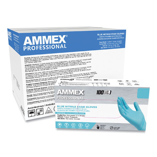 Ammex Nitrile Exam Gloves, Powder-Free, 3 mil, X-Large, Blue, 100/Box