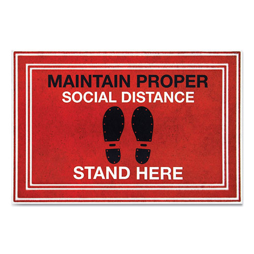 Apache Mills® Message Floor Mats, 24 x 36, Red/Black, "Maintain Social Distance Stand Here"