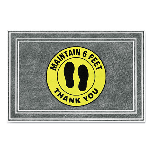 Apache Mills® Message Floor Mats, 24 x 36, Charcoal/Yellow, "Maintain 6 Feet Thank You"