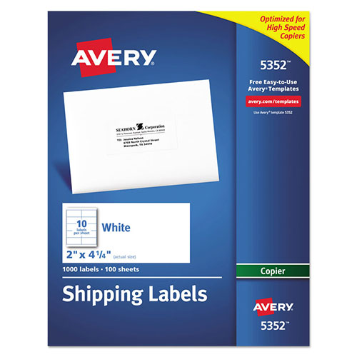 Avery Copier Mailing Labels, Copiers, 2 x 4.25, White, 10/Sheet, 100 Sheets/Box