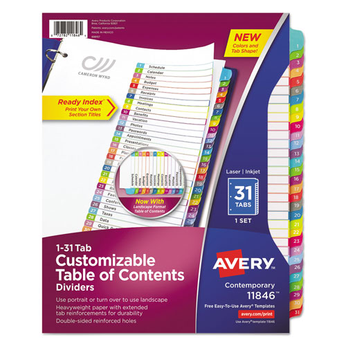 Avery Customizable TOC Ready Index Multicolor Dividers, 1-31, Letter